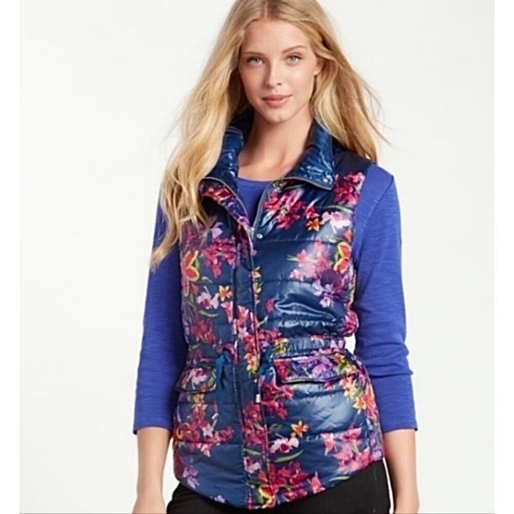 Tommy Bahama Floria Estefan Puffer Vest Floral Medium Blue Pink